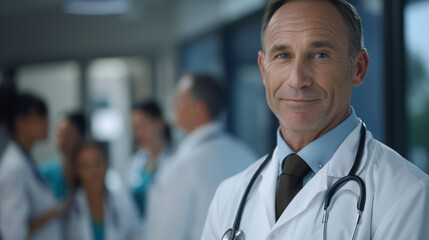 A confident healthcare professional in a lab coat with a stethoscope.