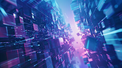 Unique 3D animation showcasing stunning blue and purple colors in a tech-inspired abstract setting