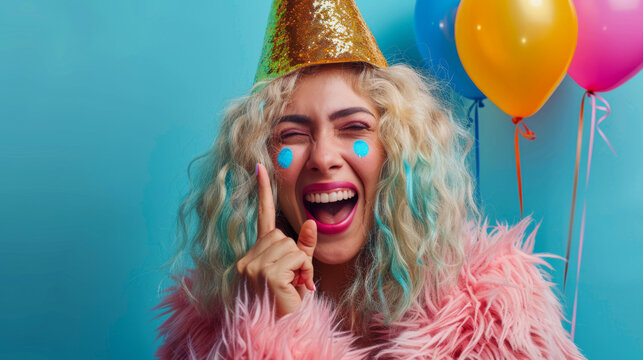 A joyous woman with a golden party hat and face paint holds a balloon and makes a peace sign with her hand.
