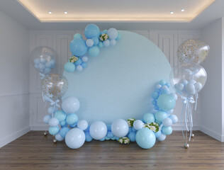 
room with child's birthday decoration, blue and white balloons