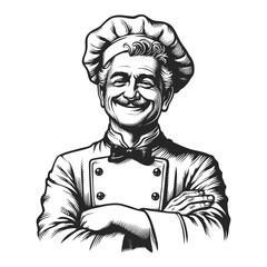 Italian French cheerful vintage chef warm smile, exuding culinary confidence sketch engraving generative ai fictional character vector illustration. Scratch board imitation. Black and white image.