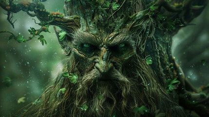 A Leshy, a tree spirit with gnarled branches and emerald leaves, guarding a sacred forest