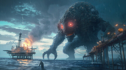 A massive, shadowy creature with glowing red eyes and barnacle-covered skin breaches the surface of the ocean, its immense size dwarfing a nearby oil rig