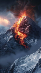 A serene snow mountain landscape disrupted by a glowing lava eruption, a contrast of fire and ice