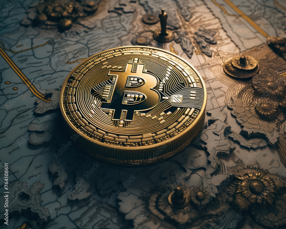 Poster a gold of bitcoin with the letter b on it is on a map. the coin is surrounded by a border and he is 