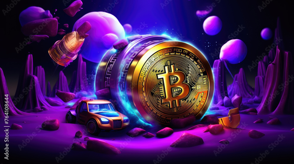 Poster a large gold bitcoin with the letter b on it is surrounded by a purple background. the coin is surro