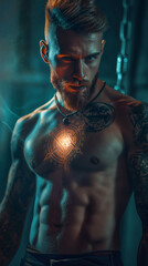 man with glowing tattoo - generative ai