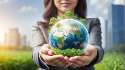 Businesswomen holding world and icon to Organization Sustainable development environmental