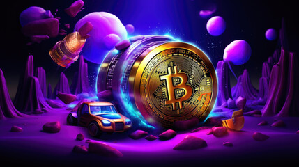 A large gold bitcoin with the letter B on it is surrounded by a purple background. The coin is surrounded by a pile of rocks and a car. The scene is set in a space-like environment with a purple hue
