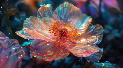 A vibrant and translucent flower of love blooming in the wild, resembling a fantasy