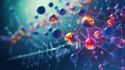A colorful image of molecules with a blue background. Concept of complexity and interconnectedness, as the various molecules are shown in different sizes and colors