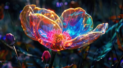A vibrant and translucent flower of love blooming in the wild, resembling a fantasy