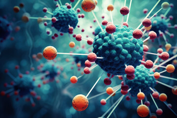 A colorful image of a virus with many different colored spheres. The spheres are connected by strings, and the image has a somewhat chaotic and disordered appearance - obrazy, fototapety, plakaty