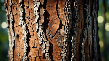 The close-up view of a tree trunk shows the intricate patterns of the bark and textures.