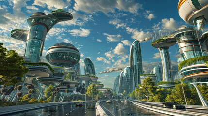 A utopian vision of future cities with eco-friendly skyscrapers and lush greenery, showcasing a harmonious blend of technology and nature