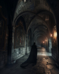 Candle lit corridor of a gothic medieval castle, made out of grey stone blocks with paintings on the walls 