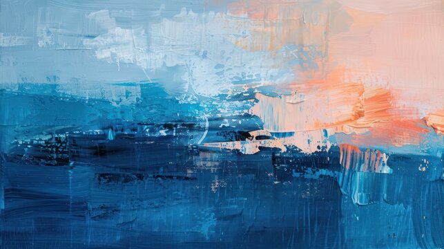 Abstract paint strokes on canvas featuring blue hues reminiscent of the sea and accents of peach