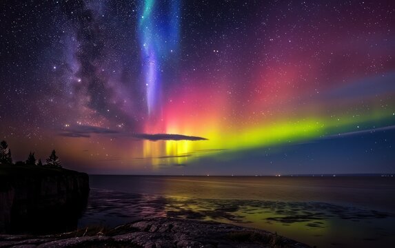 In the night sky, a beautiful colorful aurora dances gracefully.

