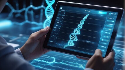DNA molecule, Doctor using tablet and check with analysis chromosome DNA genetic