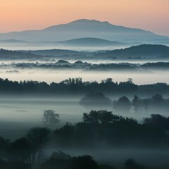 Soft mist envelops the landscape in a tranquil morning haze For Social Media Post Size