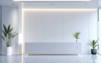 Corporate background wall with a white front desk - obrazy, fototapety, plakaty