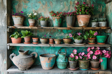 Fototapeta premium flowers in flower pots at the dacha