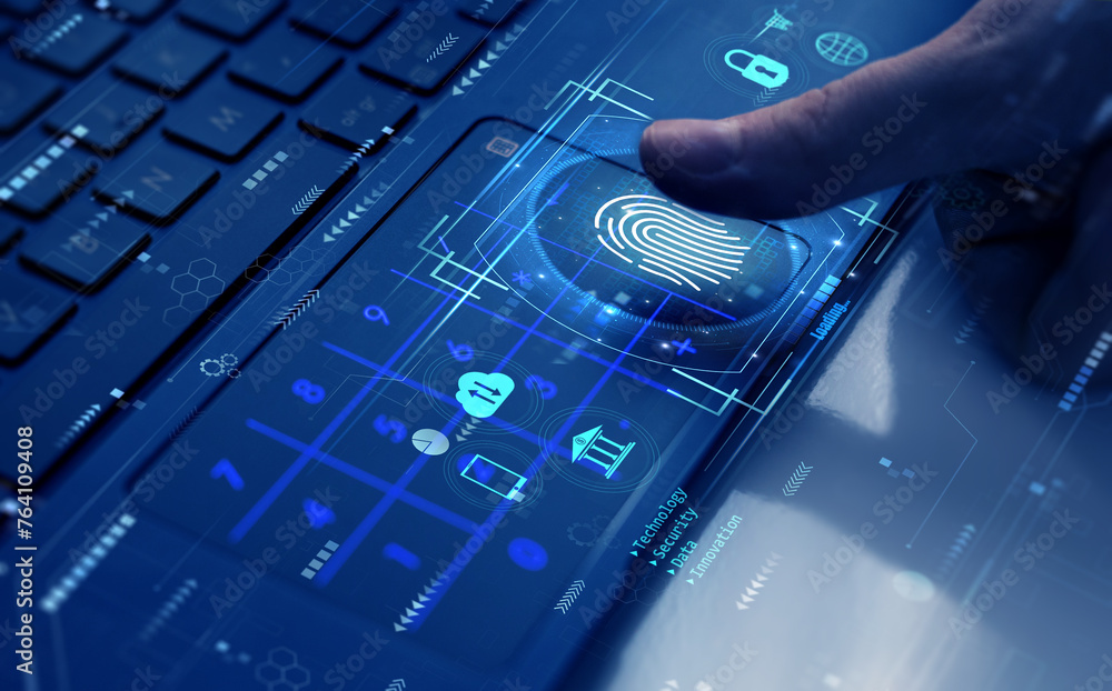 Poster using fingerprint indentification to personal data access. biometrics security, e-kyc, innovation te