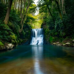 Soothing waterfall nestled within the serene beauty of a deep forest For Social Media Post Size