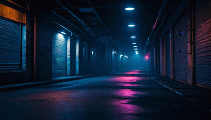 Empty street at night glowing with neon lights, abstract dark background