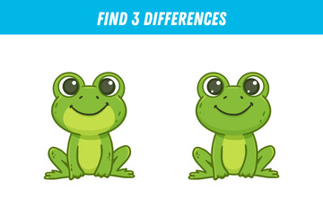 Find 3 differences between two pictures of cute frog. Cartoon froglet. Activity page. Vector