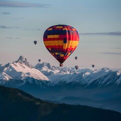 Fototapeta premium Vibrant hot air balloons soar above majestic mountain peaks For Social Media Post Size