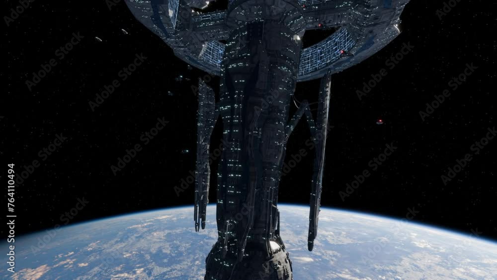 Wall mural big spacestation in orbit above a planet in deep space