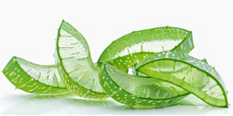 Sliced Aloe Vera Leaves. Sliced aloe vera leaves with fresh gel, showcasing the plant's natural soothing and healing properties.
 - obrazy, fototapety, plakaty