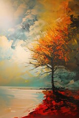 A surrealist depiction of solitary autumn trees in nature with warm tones.
