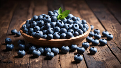 A collection of ripe blueberries arranged neatly on a rustic wooden table. 