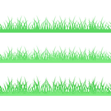 Set of seamless borders of green grass of different types on a transparent background