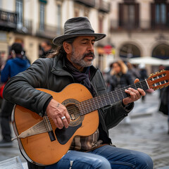 street musician sitting playing guitar