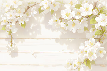木の壁と白い花のナチュラルなイラスト