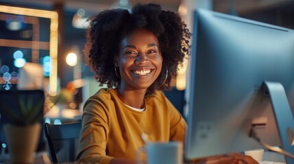 picture of happy businesswoman with computer in office - obrazy, fototapety, plakaty