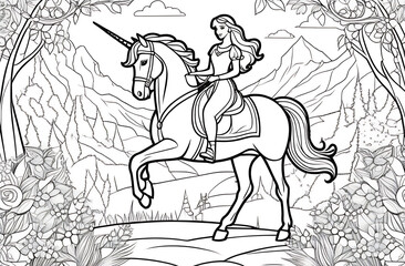 Fototapeta premium coloring page style, Princess and unicorn coloring page. Coloring page outline of cartoon. Vector illustration, coloring book for kids. Doodle page. Children background