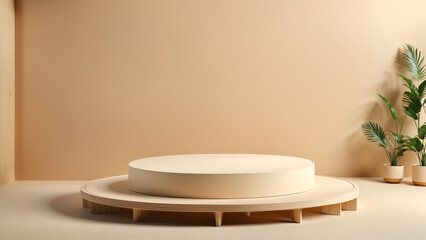 Beige Wooden Display Background, wood stand display scene, beige studio beauty stage platform, pedestal podium, cosmetic organic minimal cream eco presentation, abstract, podium platform, product