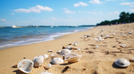 Fototapeta na wymiar Tranquil beach with scattered shells, serene reminder of coastal beauty, travel concept