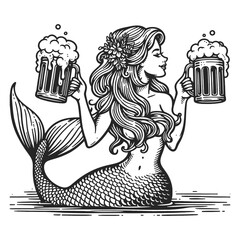 Mermaid with flowing hair, toasting with frothy beer mugs, adorned with marine flora. Lady sketch engraving generative ai fictional character vector illustration. Scratch board imitation.