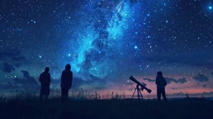 Obraz na płótnie Canvas group of people observing stars with a telescope at night on a hill with the starry sky in high resolution and quality