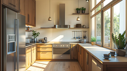 Elegant and Cozy JQ Kitchen Design with Stainless Steel Appliances and Brown Wood Finish - obrazy, fototapety, plakaty