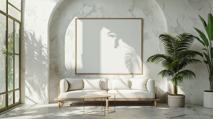 1 single wooden frame mockup on the wall, modern and bright space with sofa and desk.