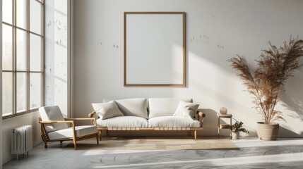 warm light single wooden frame mockup on the wall, modern and bright space.