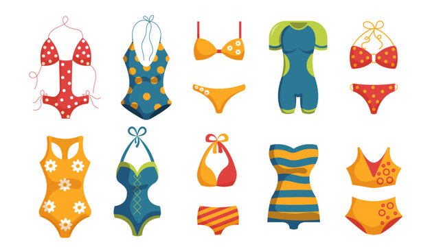 Set of different types Women's Swimwear. Swimwear collection. Split, One-piece and Sport swimsuit. Vector  illustration isolated on white background