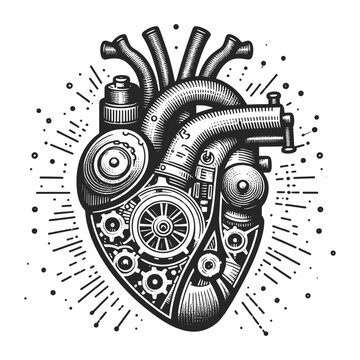 heart with intricate steampunk gears and mechanical components. Sketch engraving generative ai vector illustration. Scratch board imitation. Black and white image.