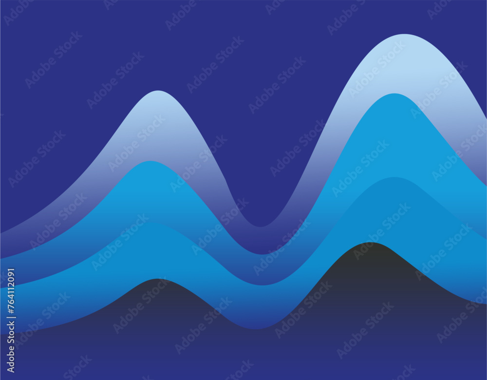Poster abstract curved plane composition with gradient color tones of light blue and dark blue and matching